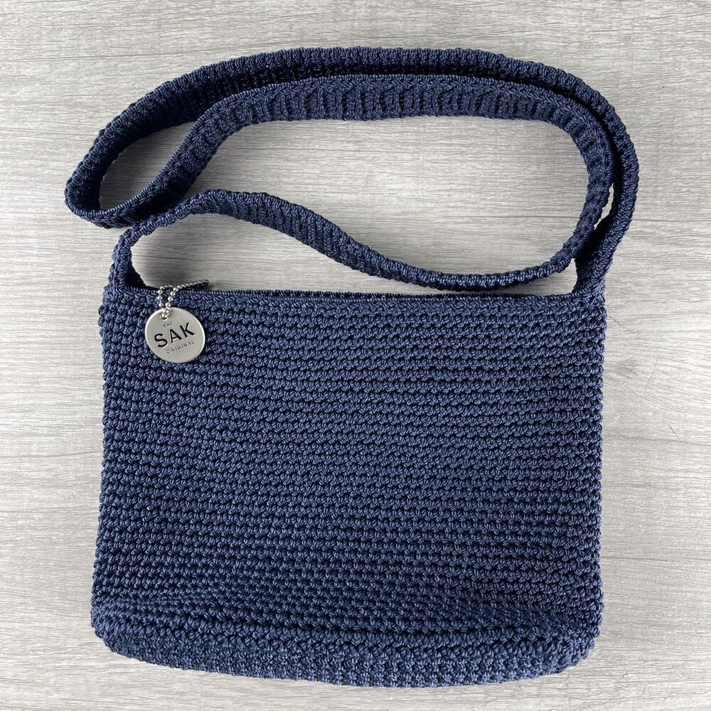 The Sak Crochet Shoulder Bag Purse Navy Blue Small 9" x 7" VTG Excelle